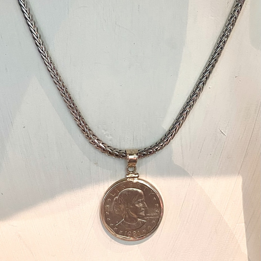 Bezel coin and sterling silver necklace